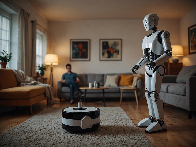 robot che si muove dentro il salotto di casa. Un uomo lo osserva seduto sul divano