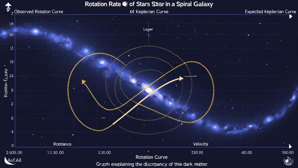 Un grafico che illustra la velocità di rotazione delle stelle in una galassia e come la curva osservata differisce da quella attesa senza materia oscura.