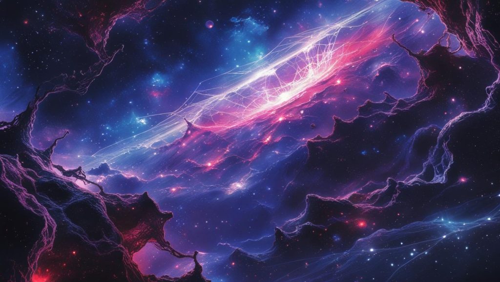 Un'immagine suggestiva dell'universo su larga scala, con una leggera evidenziazione dei _telai_ invisibili di materia oscura.